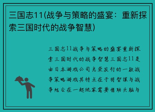三国志11(战争与策略的盛宴：重新探索三国时代的战争智慧)