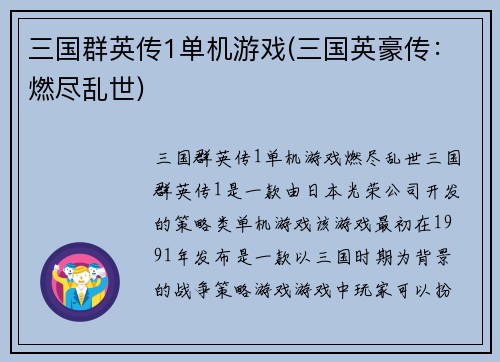 三国群英传1单机游戏(三国英豪传：燃尽乱世)